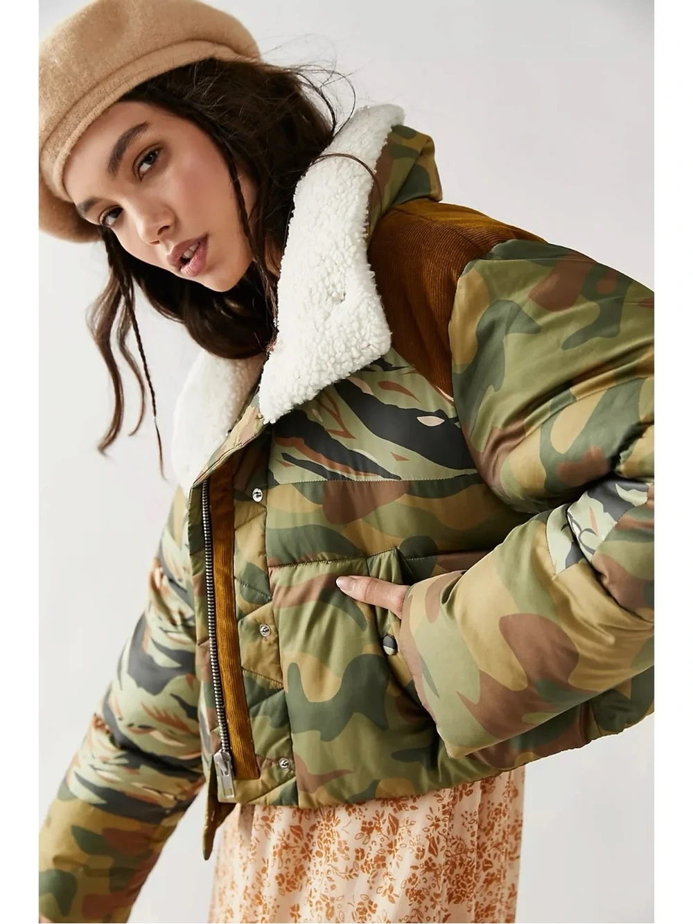 Free People Bohemian Patchwork Camo Cordury West Coast Puffer Jacket Size Large